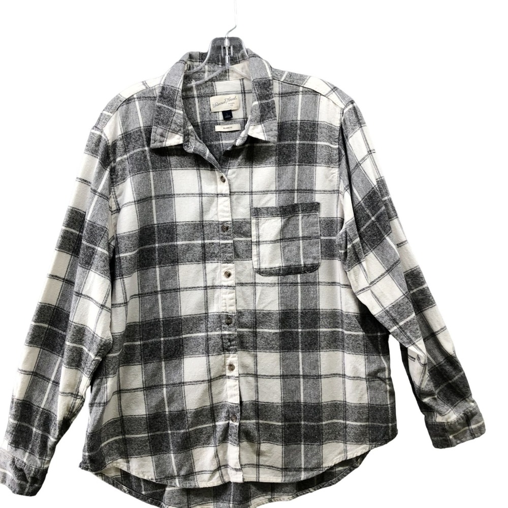 Universal Thread Relaxed Flannel Shirt Womens‎ L Gray White Plaid Cotton